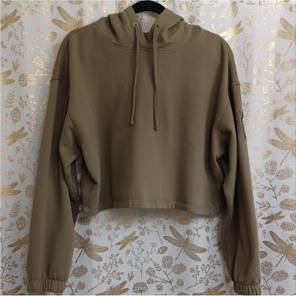 Calvin Klein Jeans Women's Cropped Pullover Hoodie Olive Green Sweater Top Large